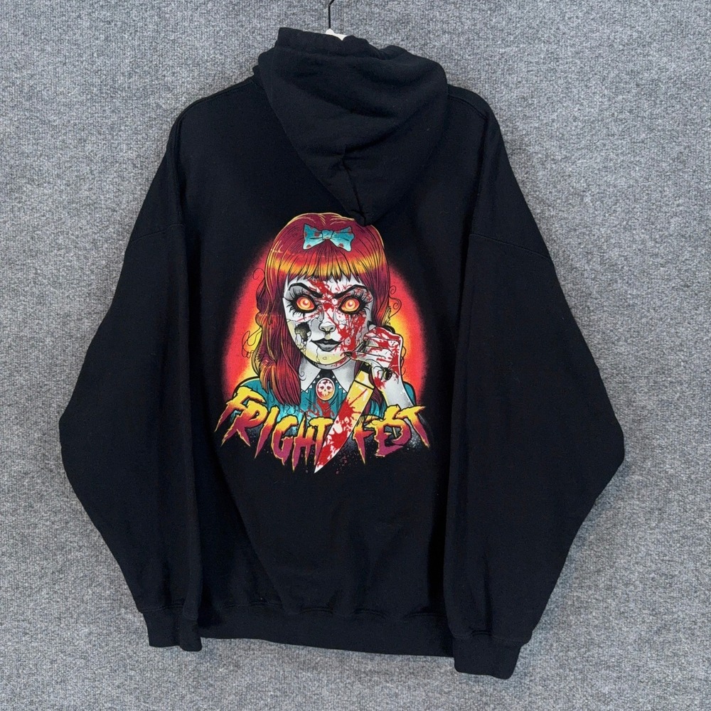 Six Flags Hoodie Mens 2XL Black Fright Fest Creepy Doll Pullover Sweatshirt